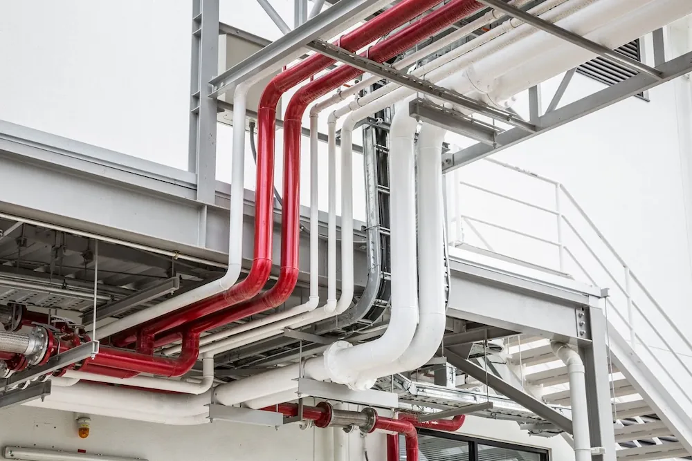 Red, white, and gray industrial pipes running along metal framework and stairs in a facility.