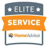 HomeAdvisor Elite Service badge with stars and an orange banner.