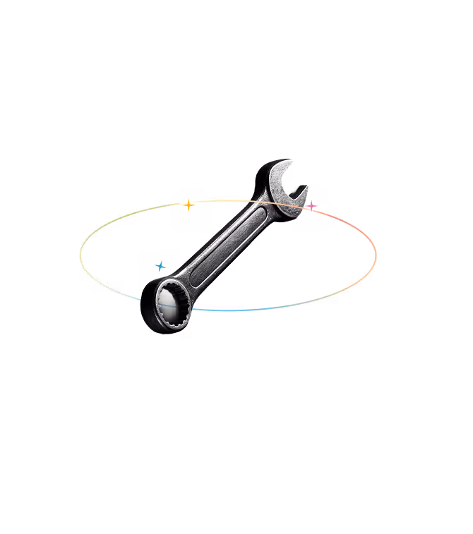 Metal wrench hovering inside a colorful elliptical ring with small glowing stars around it.