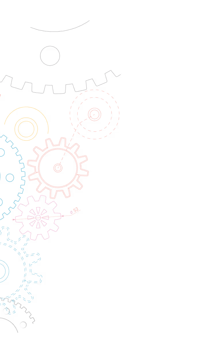 Colorful technical drawing of interconnected gears with dimensional annotations on a black background.