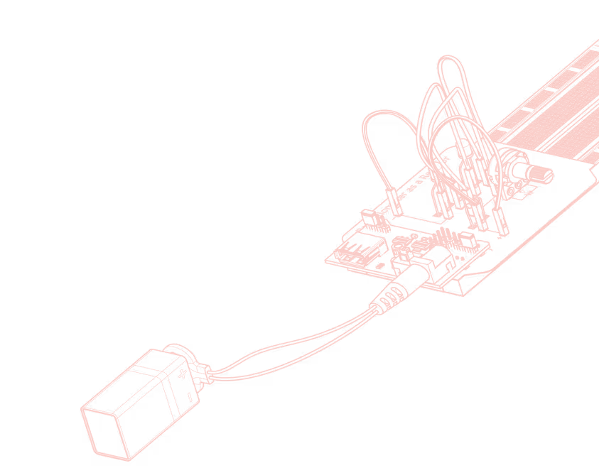 Red line-art illustration of an electronic device connected to a small motor via wires.