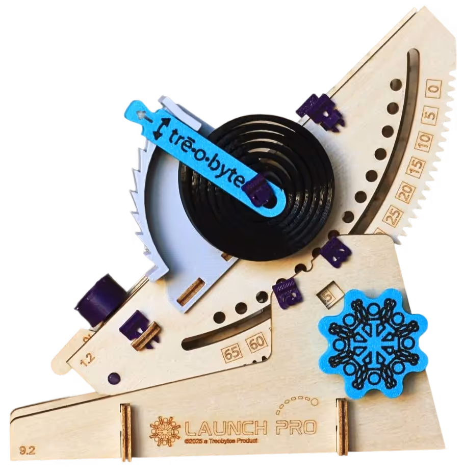 Wooden mechanical protractor tool labeled Launch Pro with adjustable blue and purple components for precise angle measurements.