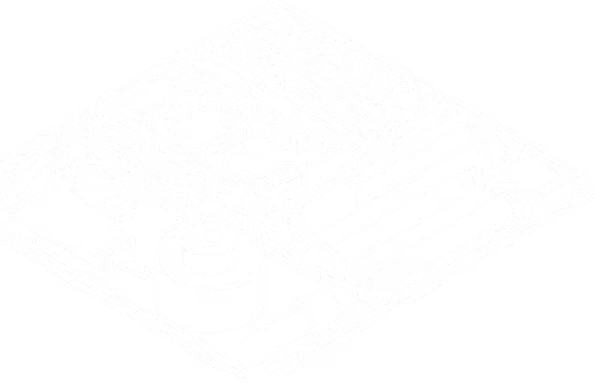 Red wireframe illustration of two interconnected gears with cylindrical and cubical components on a rounded rectangular base.