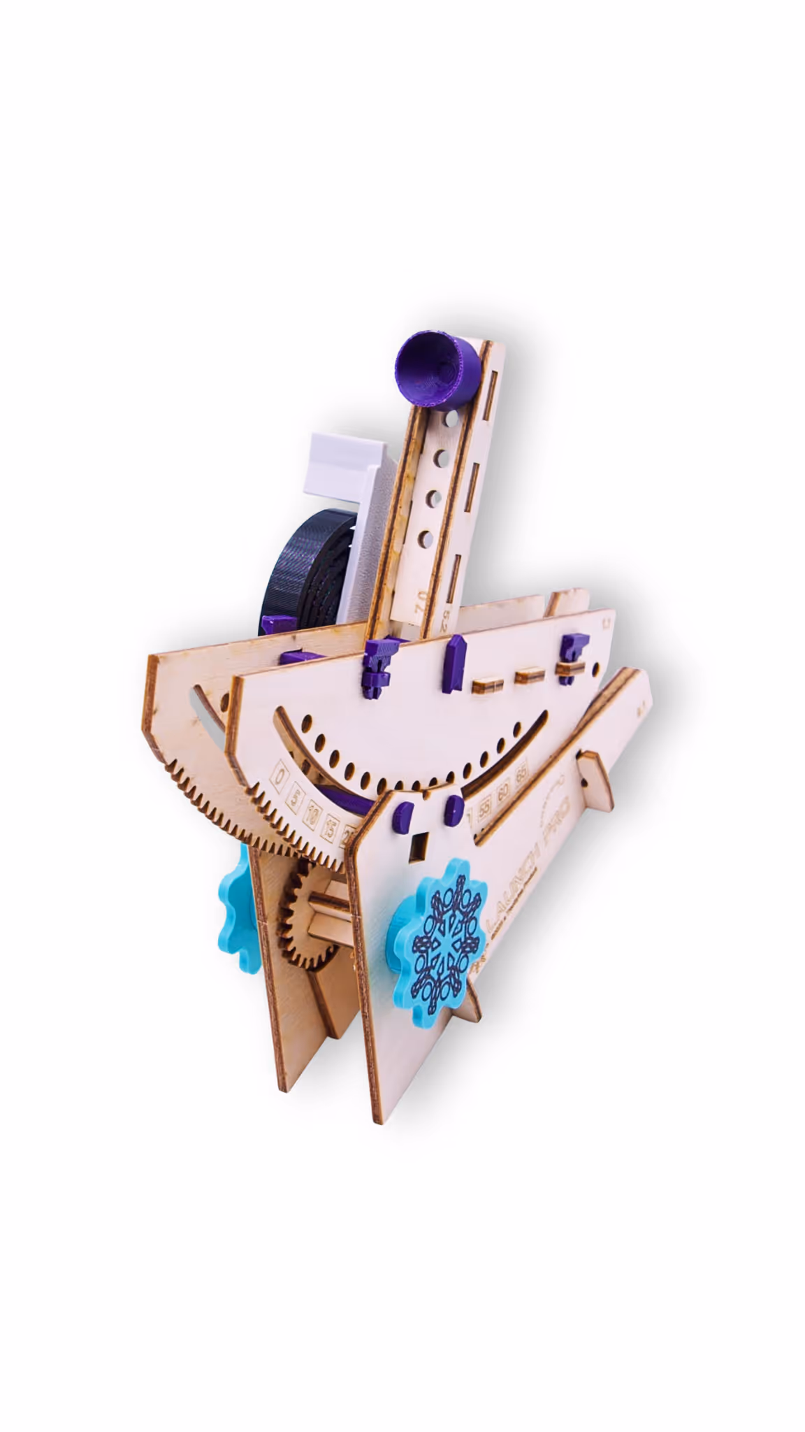 Wooden mechanical model with interlocking gears and blue decorative knobs, featuring purple and black components on a white background.