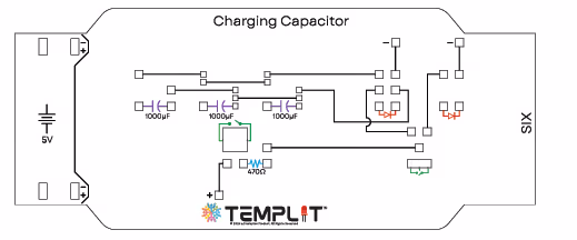 Schematic diagram of a charging capacitor circuit including a 5V battery, three 1000μF capacitors, and a 470Ω resistor.