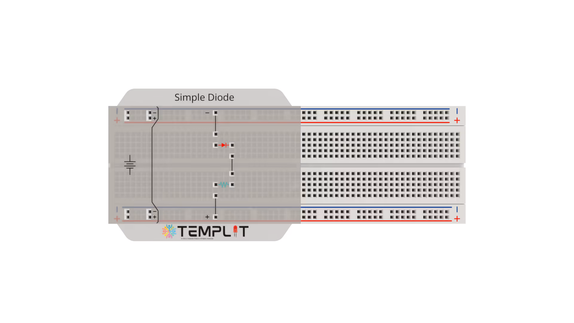 Breadboard circuit labeled Simple Diode with battery, diode, and resistor components connected.