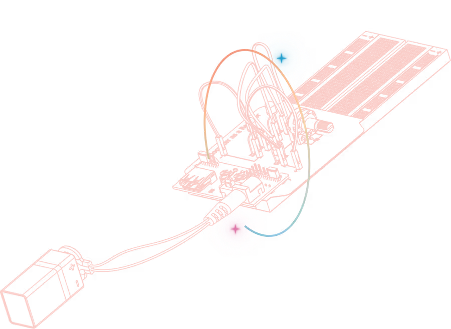 Red line-art illustration of an electronic device connected to a small motor via wires.