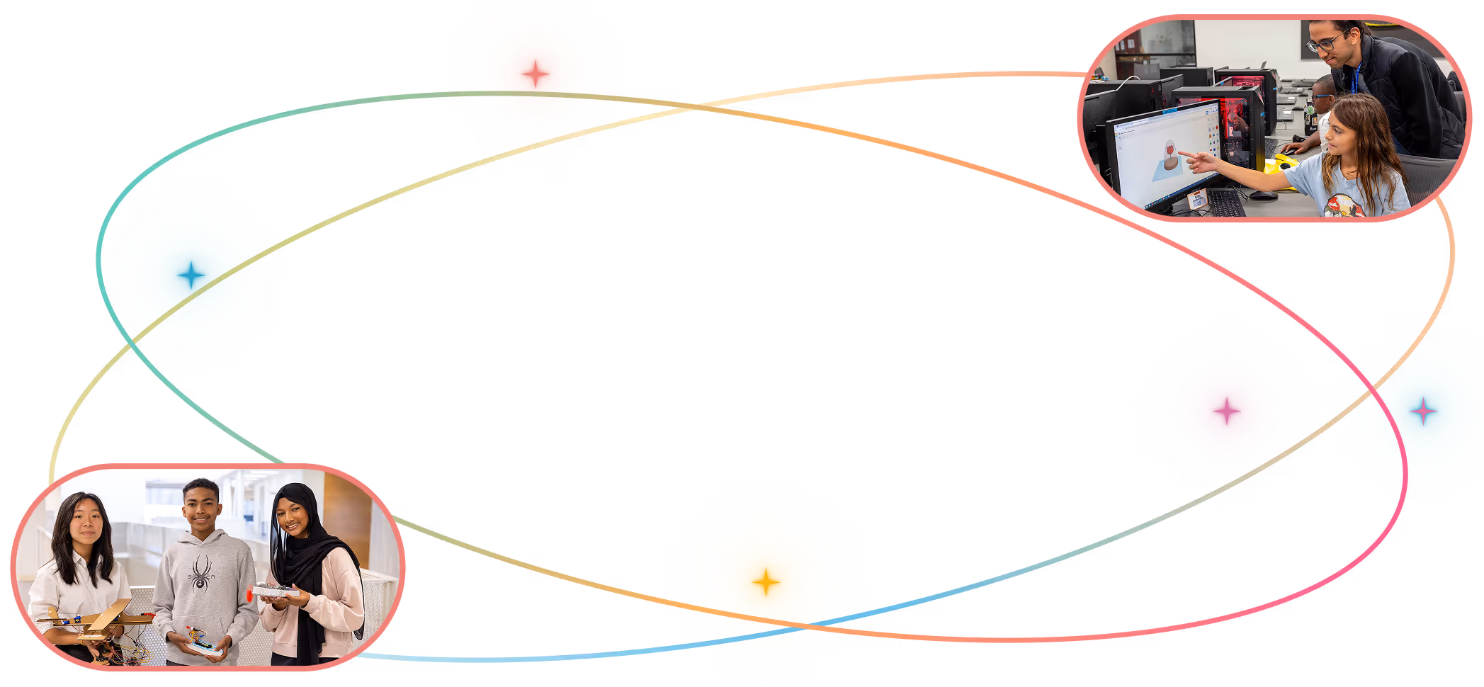 Technical wireframe of a car chassis with two inset images of girls engaged in STEM activities building a small robotic device and programming at computers.