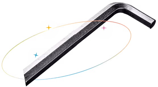 Silver L-shaped hex key or Allen wrench with a multicolored sparkle ring effect around it.