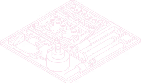 Wireframe illustration of a mechanical device with two interlocking gears and a knob on a rounded rectangular base.
