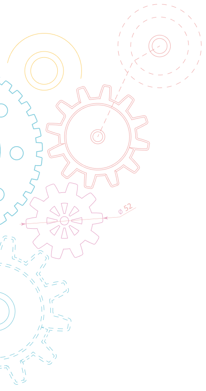 Colorful technical drawing of interconnected gears with dimensional annotations on a black background.