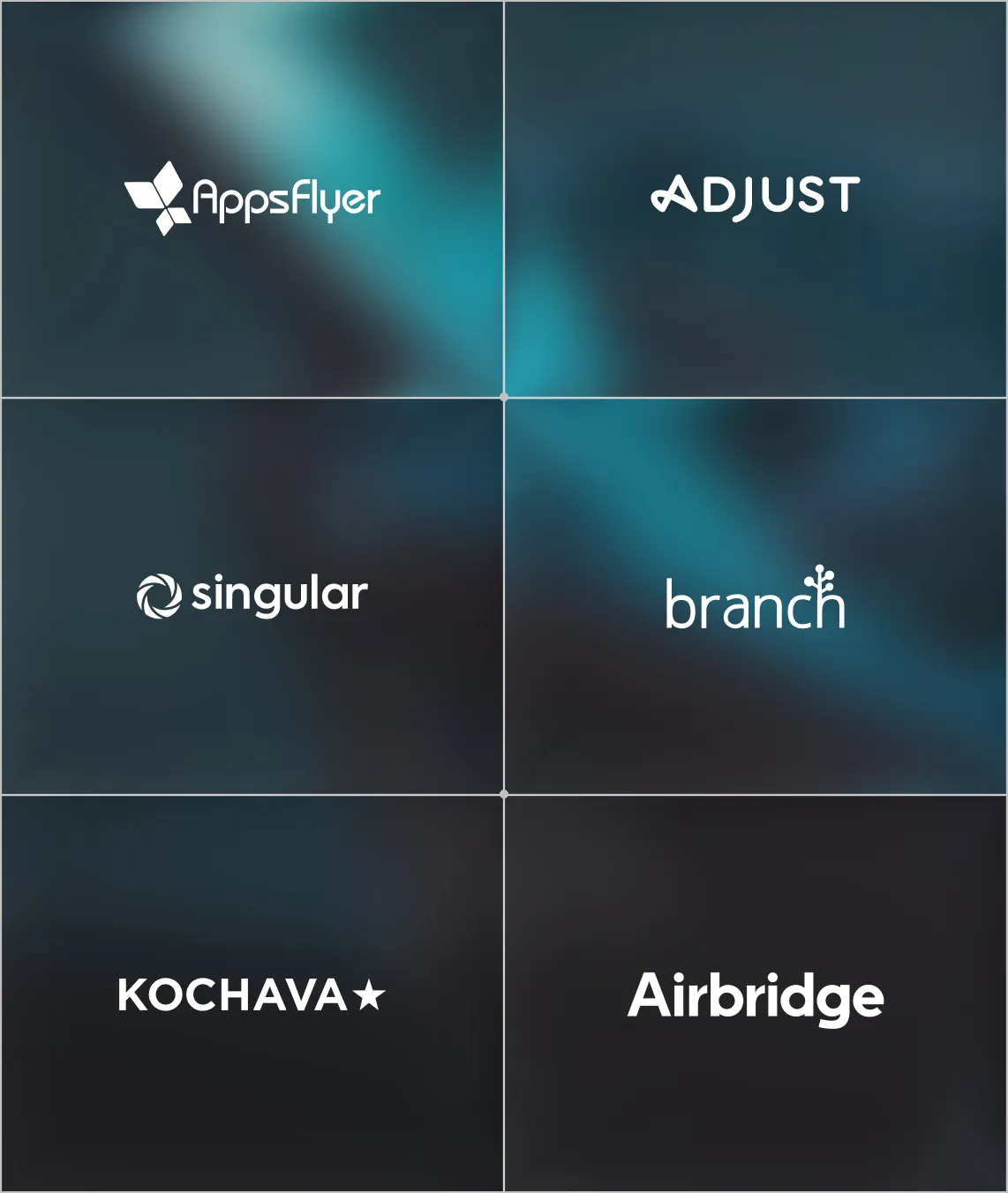 Logos of six companies arranged in a grid: AppsFlyer, Adjust, Singular, Branch, Kochava, and Airbridge on a blurred dark blue background.