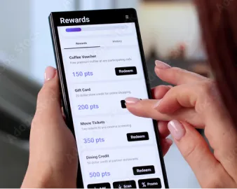 Hand holding smartphone displaying a rewards app with point options for vouchers, gift cards, tickets, and dining credits.