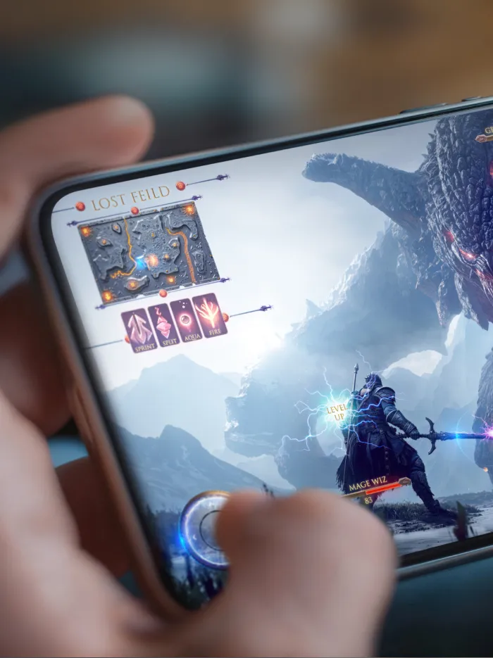 Person playing a fantasy action game on a smartphone with a warrior facing a giant dragon and game interface visible.