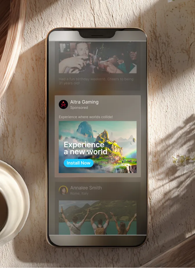 Smartphone screen displaying an Altra Gaming ad with a fantasy landscape and an Install Now button.