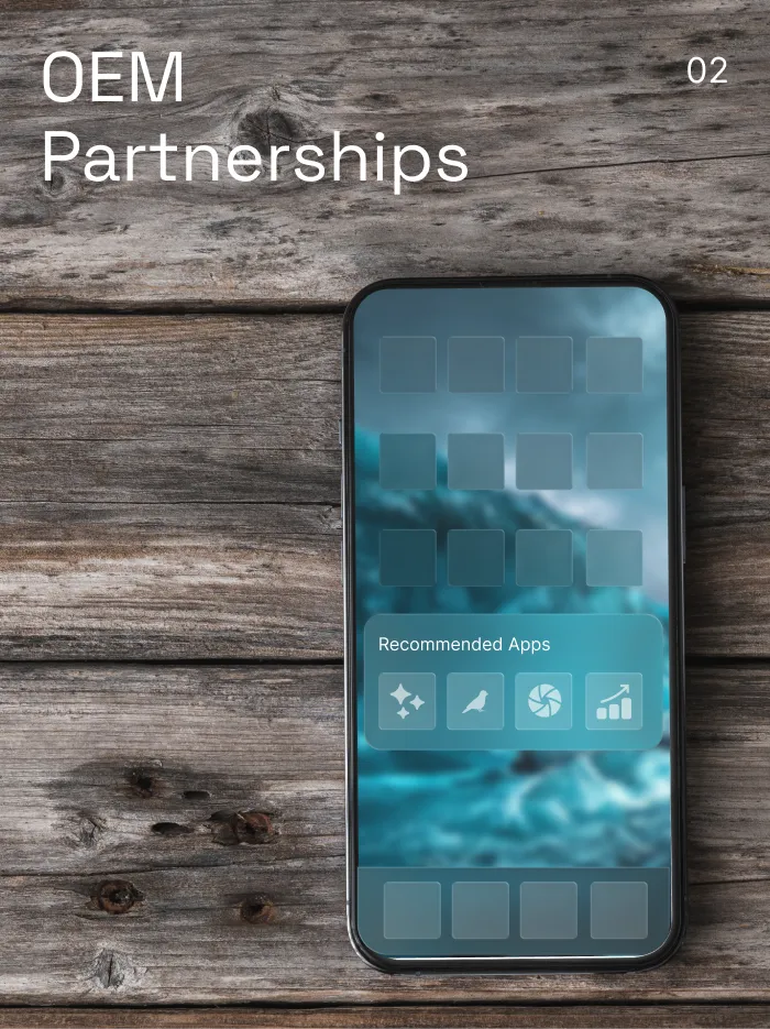 Smartphone displaying a screen with 'Recommended Apps' on a wooden surface with text 'OEM Partnerships'.