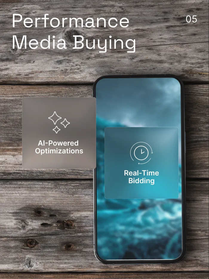 Smartphone displaying a screen with 'Real-Time Bidding' and 'AI-Powered
Optimizations' on a wooden surface with text 'Performance Media Buying'.
