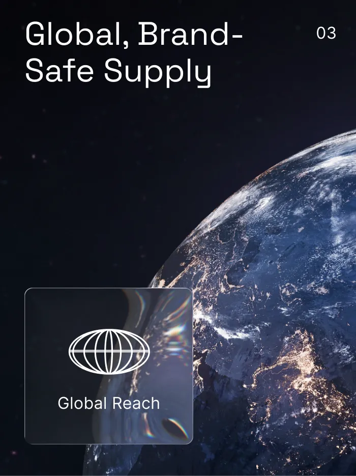 Night view of Earth from space showing city lights with text 'Global, Brand-Safe Supply' and icon 'Global Reach'.