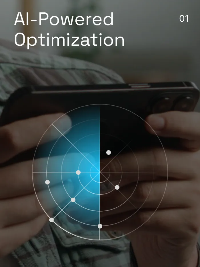Close-up of hands holding a smartphone with a blue radar overlay and text AI-Powered Optimization.