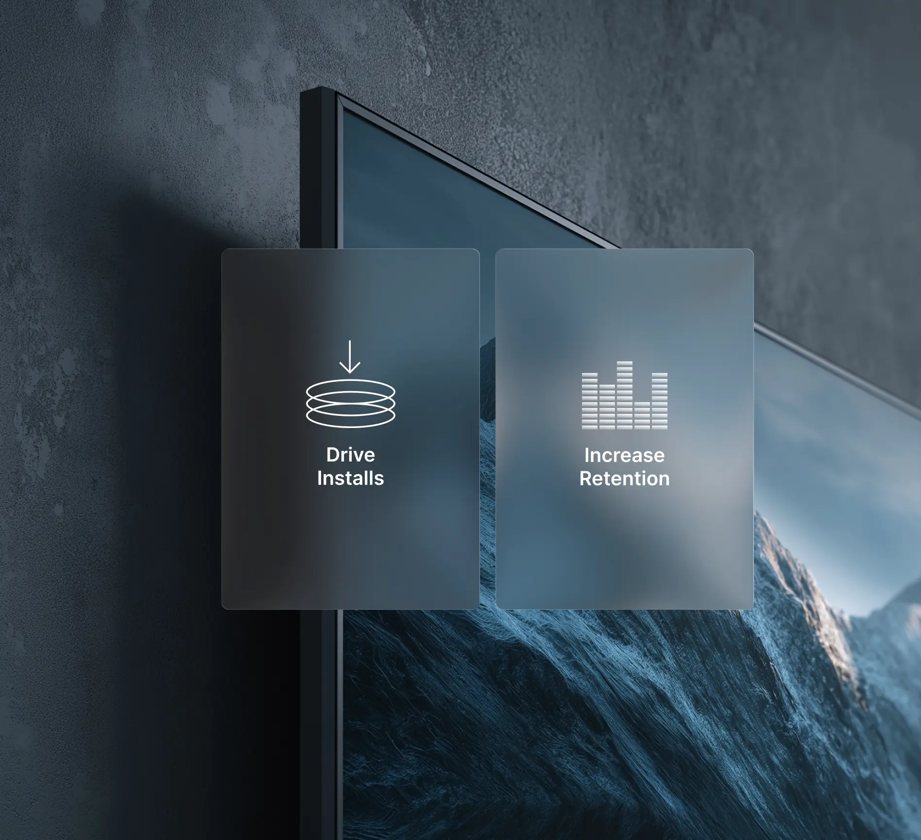 TV screen corner with overlay icons showing 97,064 installs and 4+ million increase retention stats.