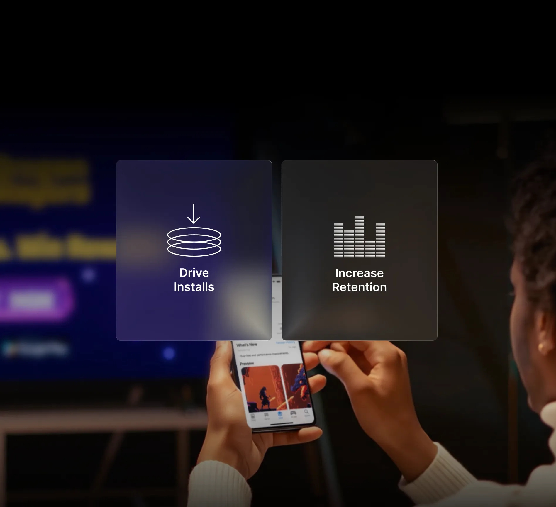 Person on phone on app store while a tv is in the background. corner Overlay icons showing 97,064 installs and 4+ million increase retention stats.