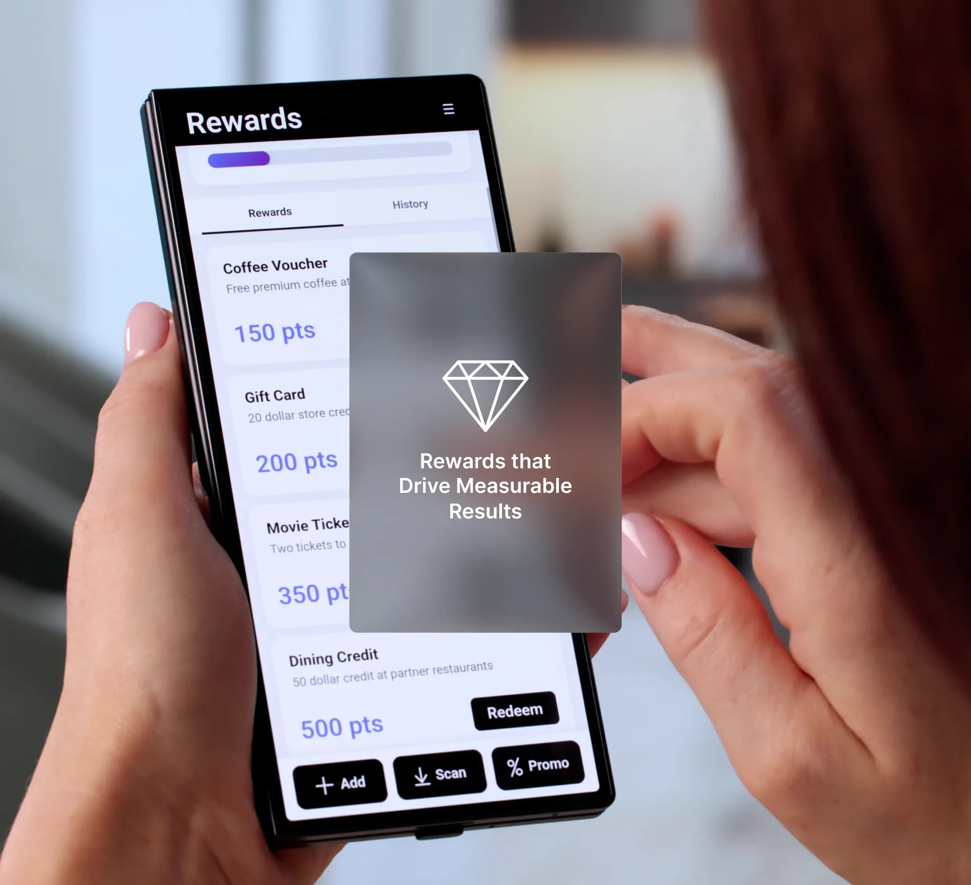 Image of a person on their mobile device with text overlay indicating that rewards drive measurable results