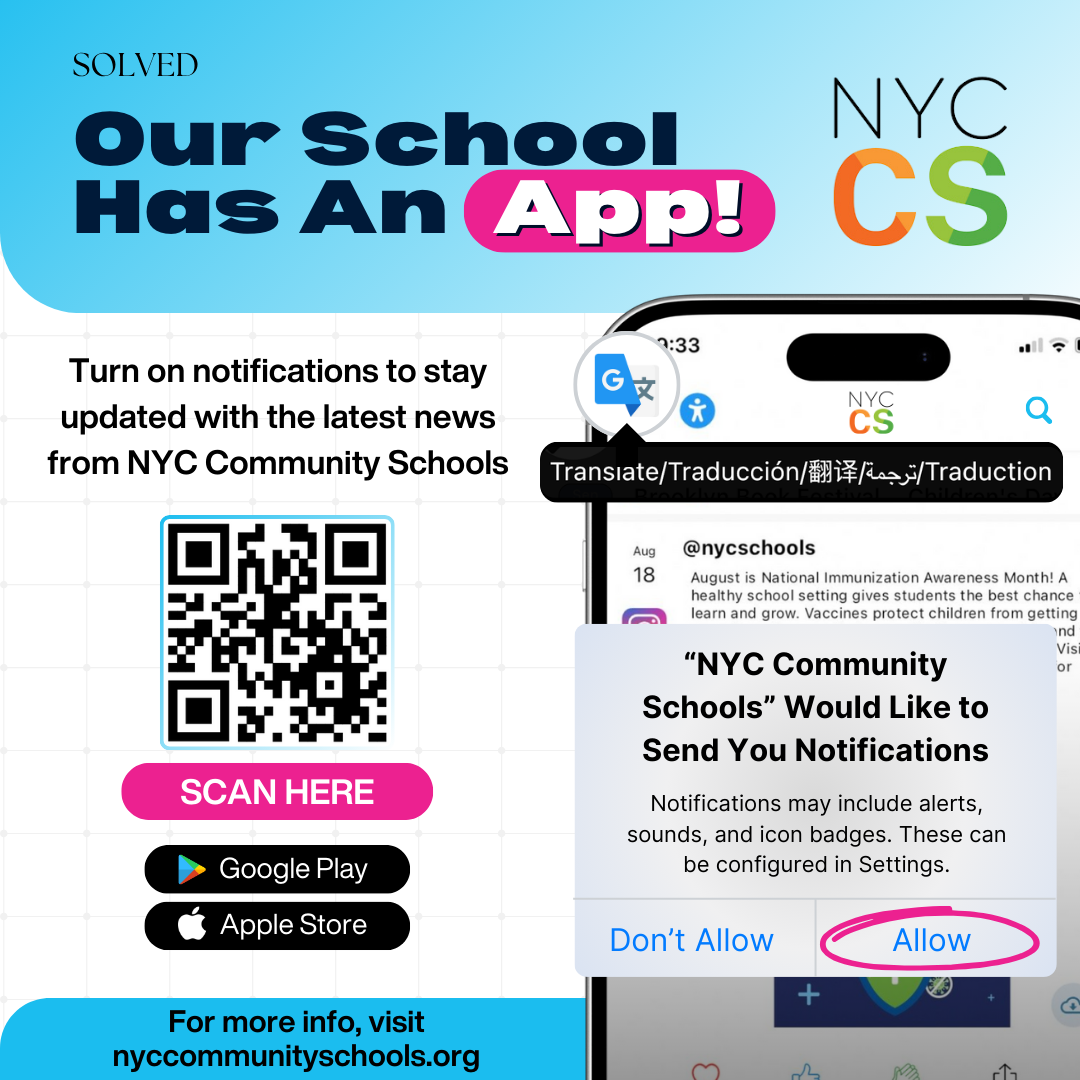 NYC Community Schools app download flyer with QR code and notification prompt