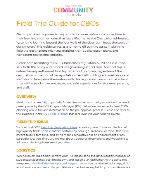 Cover page of the Field Trip Guide for CBOs document