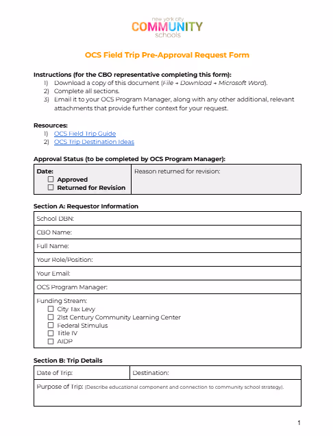 OCS Field Trip Pre-Approval Request Form document page one