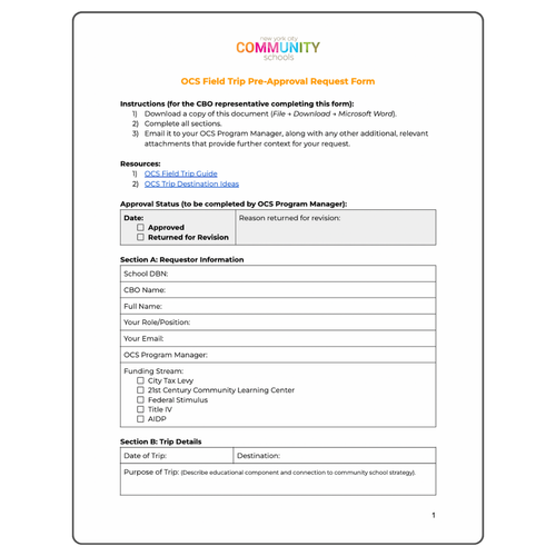 OCS Field Trip Pre-Approval Request Form document preview