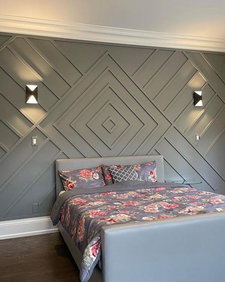 Gray geometric wall paneling with white crown molding in a modern NJ bedroom