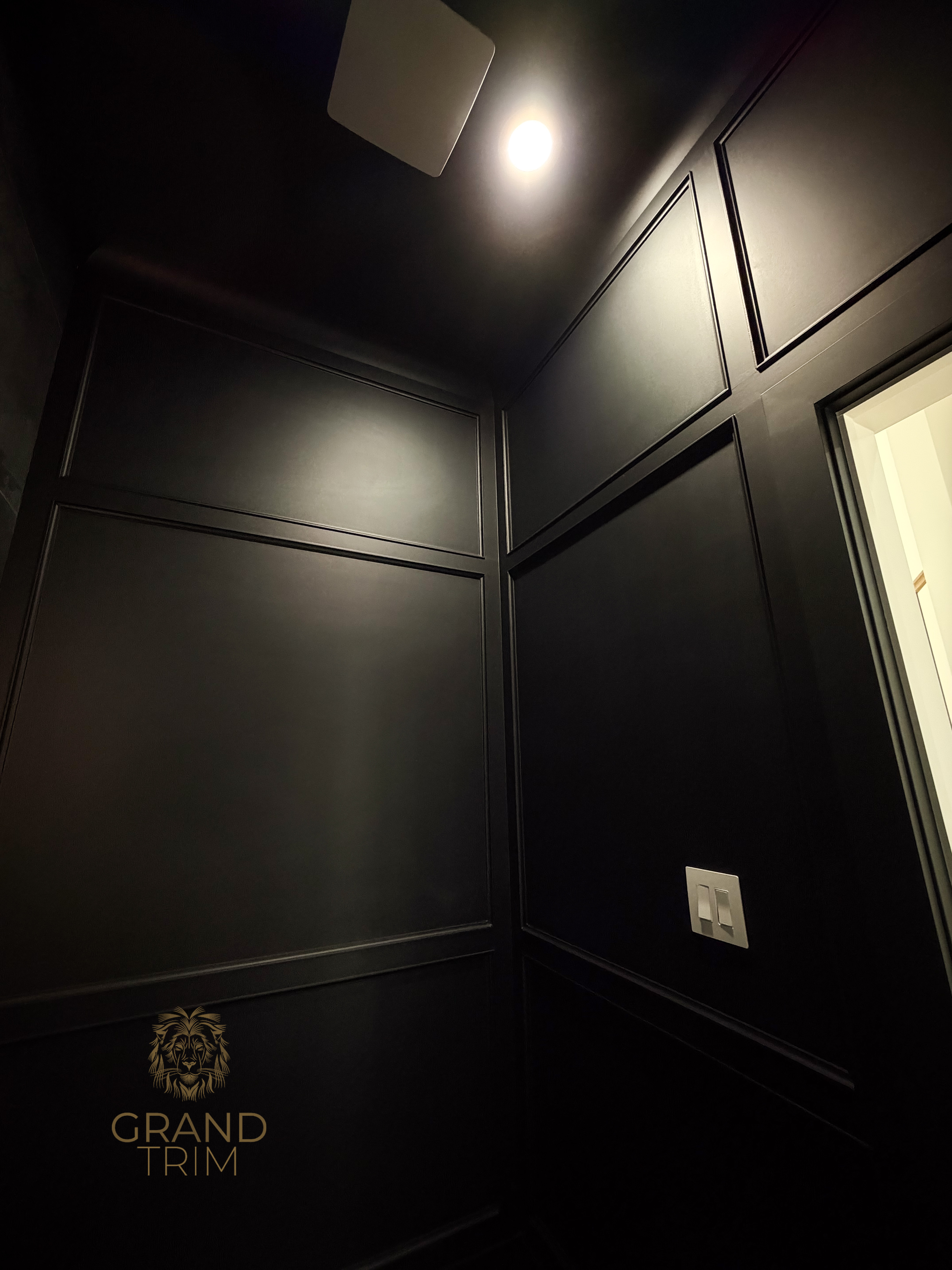 Custom dark paneled walls with decorative trim detailing in a New Jersey interior corner
