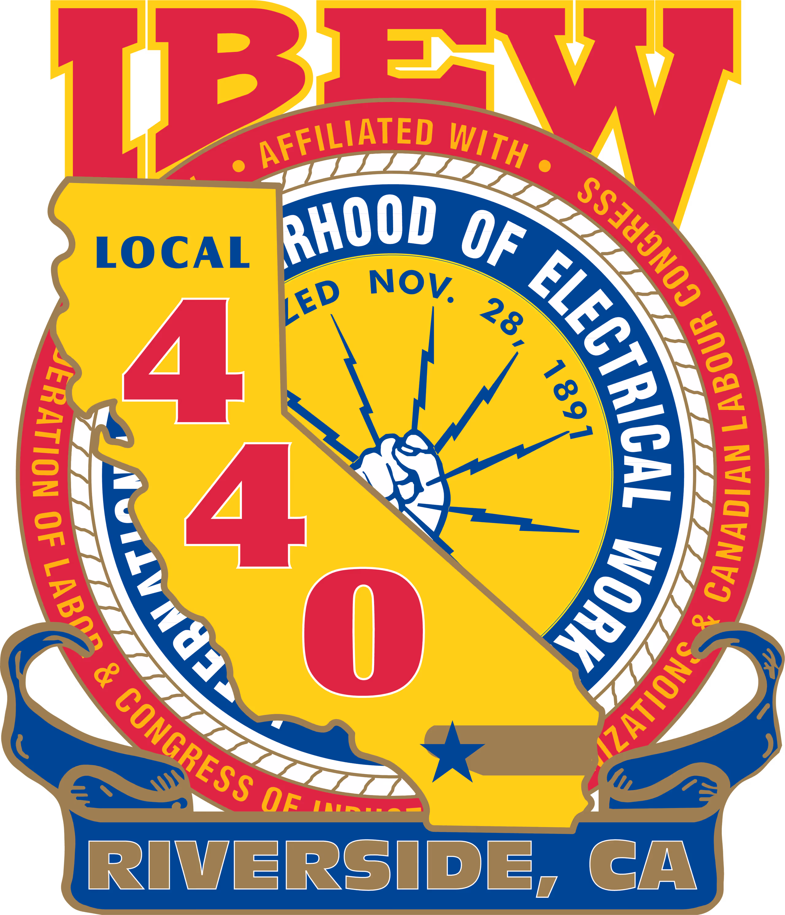 Logo of IBEW Local 440 with a yellow outline of California in the center, marked with a star near Riverside, CA. It includes the text Brotherhood of Electrical Work and establishment date Nov. 28, 1891, surrounded by a circular emblem with red, white, and blue colors.