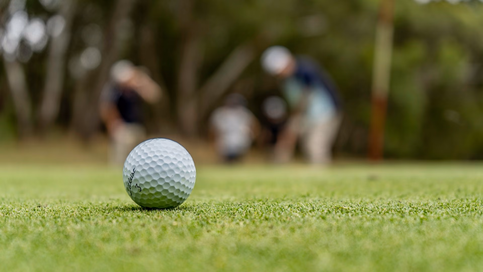 Close-up of a golf ball on grass with three blurred golfers in the background.