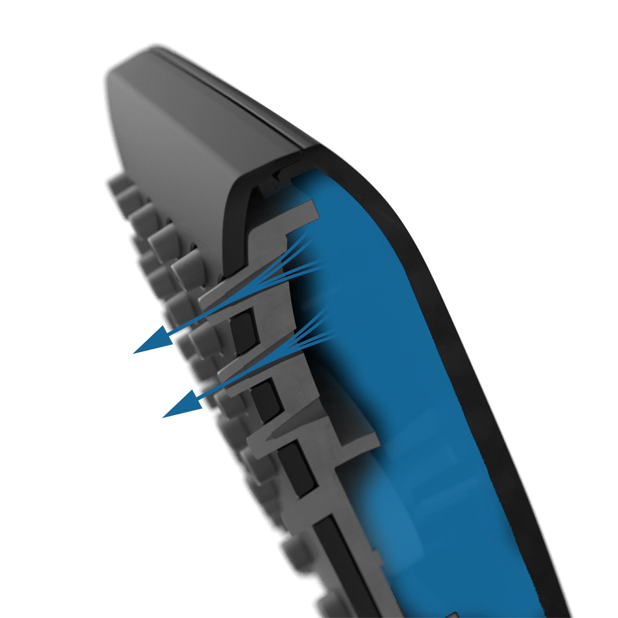 Vue découpée de la douchette pour montrer le parcours de l'eau à travers les buses - cela illustre le fait que le débit d'eau peut être réduit sans que cela impacte la pression de l'eau.