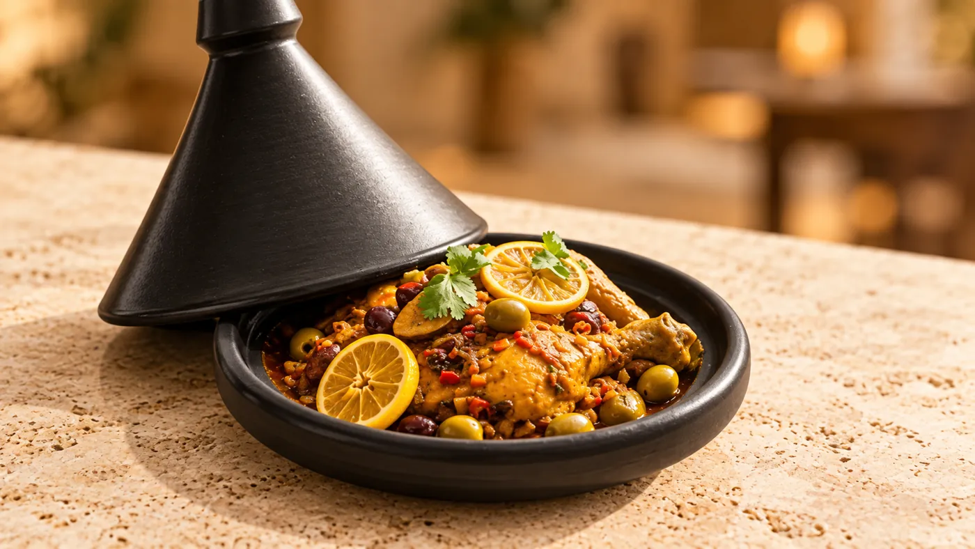Tajine au poulet, citron confit et olives, Le Carré Noir