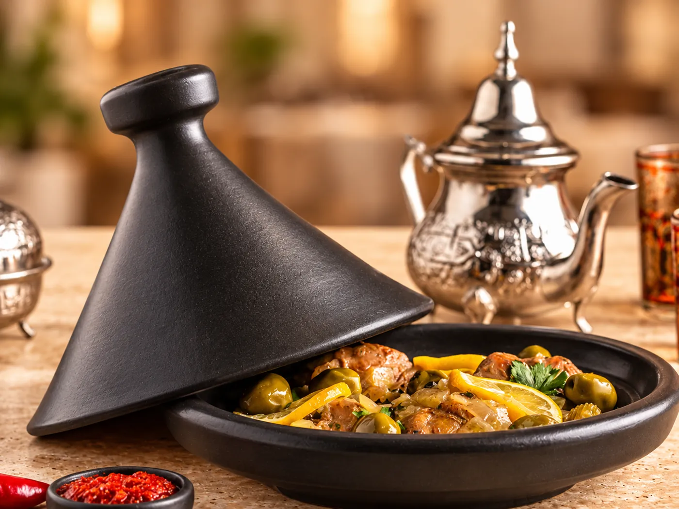 Tajine aux olives et poivrons, thé à la menthe, Le Carré Noir