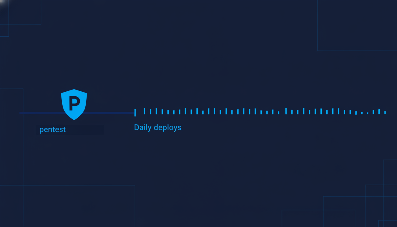 Illustration of a single pentest marker on a calendar timeline versus dense daily deploy ticks, showing a widening gap