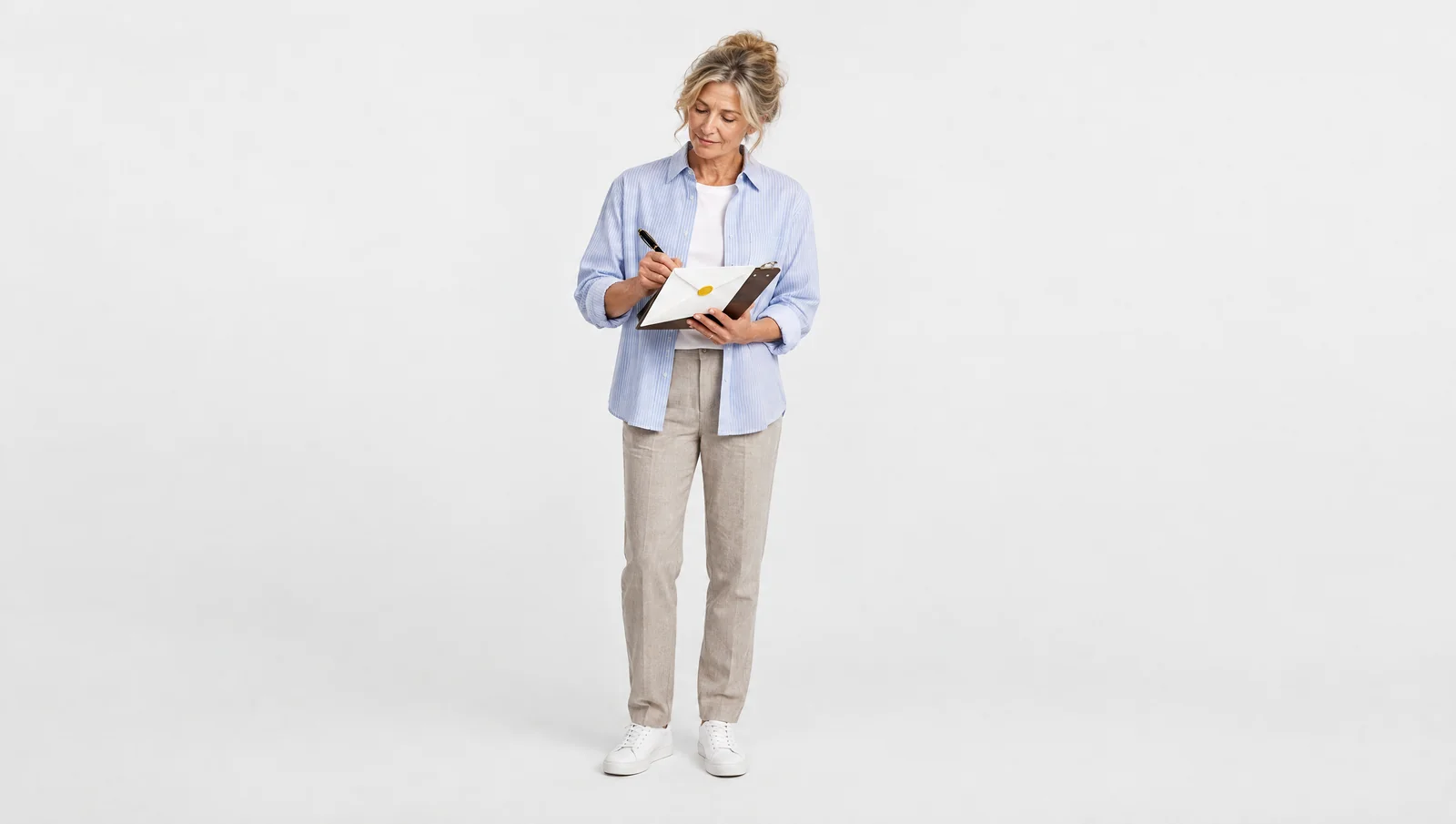 Vrouw schrijft met een vulpen op een witte envelop met geel zegel, als beeld voor AI e-mails in je eigen Nederlands