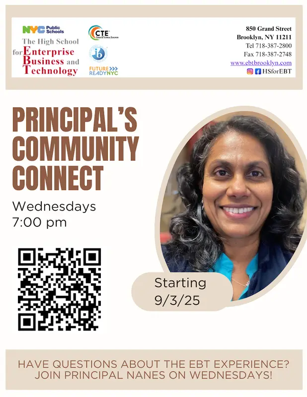 Principal Nanes smiling in flyer for Wednesday community connect sessions