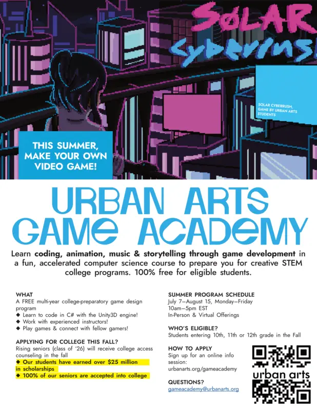 Urban Arts Game Academy summer 2025 program flyer for high schoolers