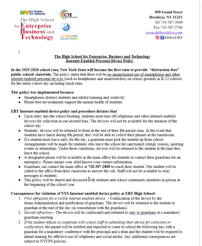 EBT High School internet-enabled personal device policy document 2025-2026