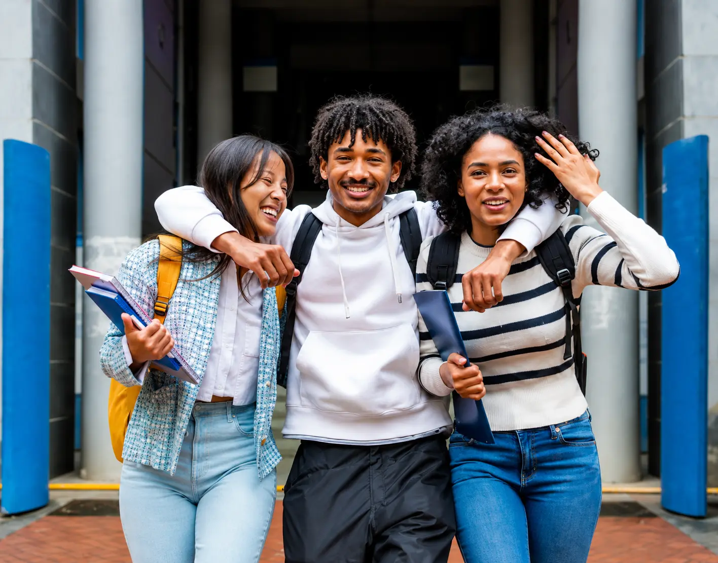 Three smiling students with backpacks walking out of school together