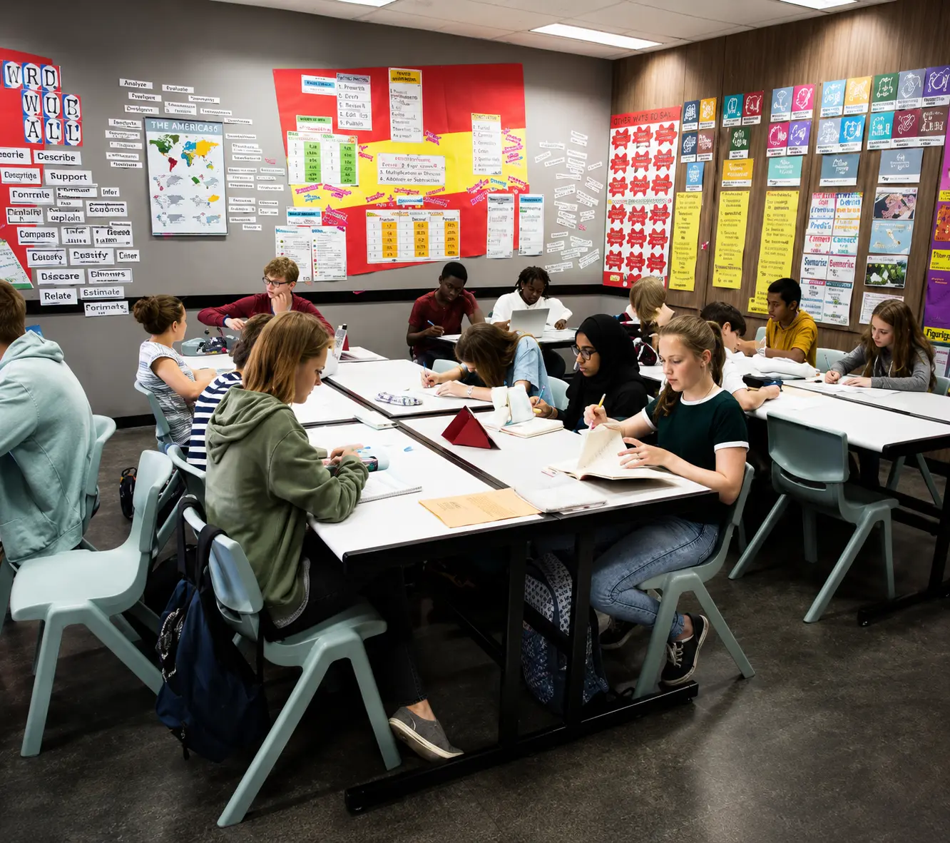 Students working independently at classroom tables with educational displays on walls