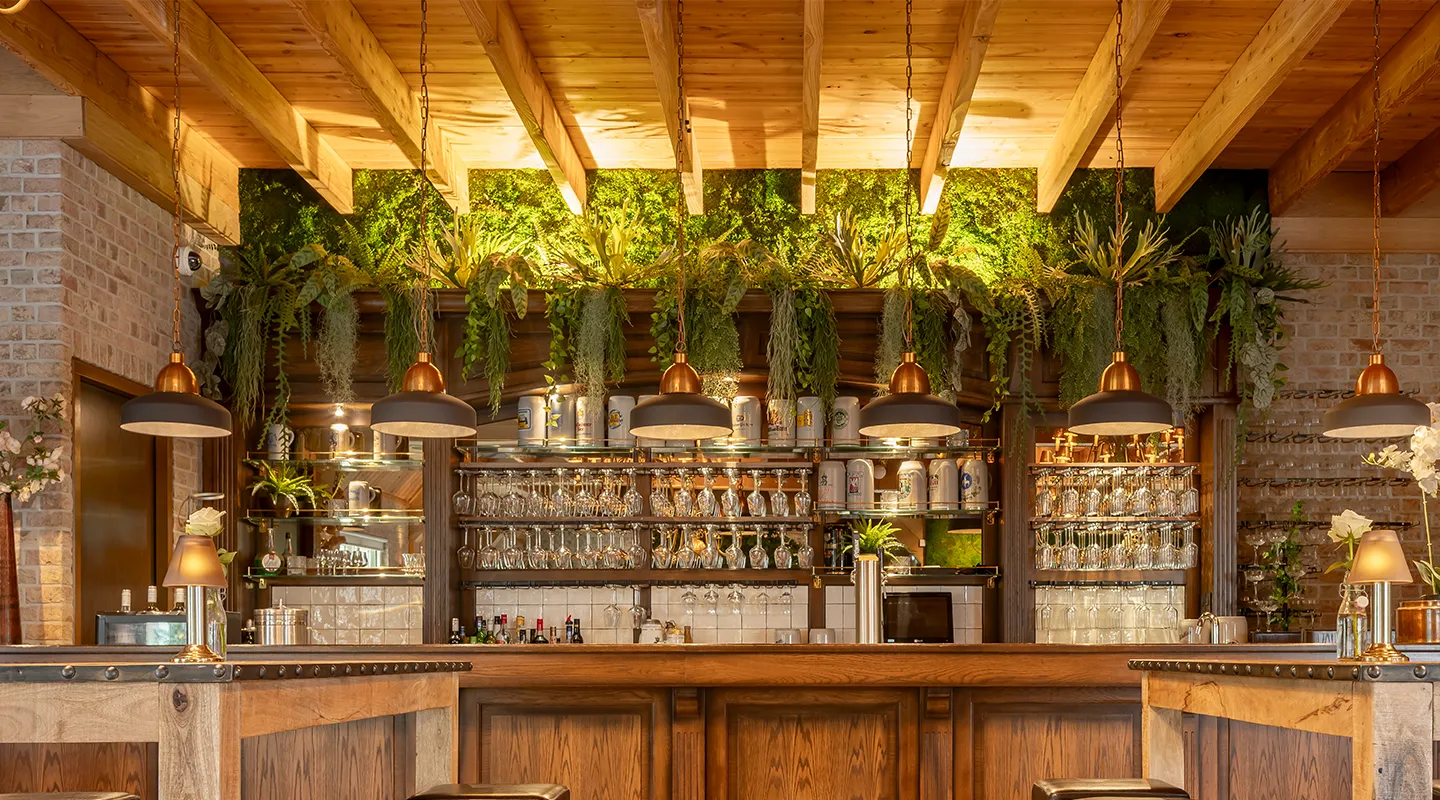 Hangende interieurbeplanting boven een houten bar in een sfeervolle horecazaak, gerealiseerd door MiVerde