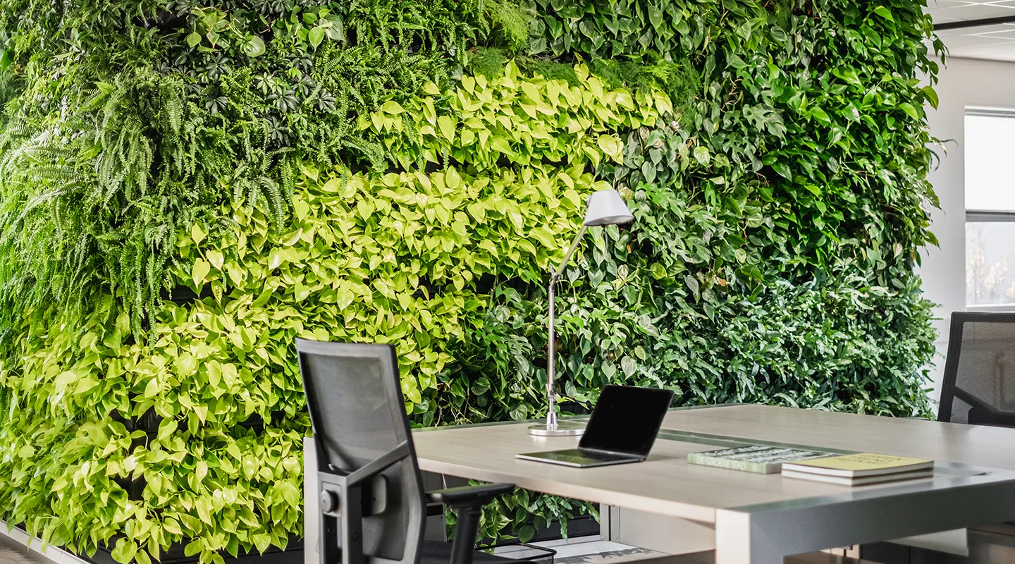 Verticale plantenwand met diverse groene planten achter modern bureau in kantooromgeving