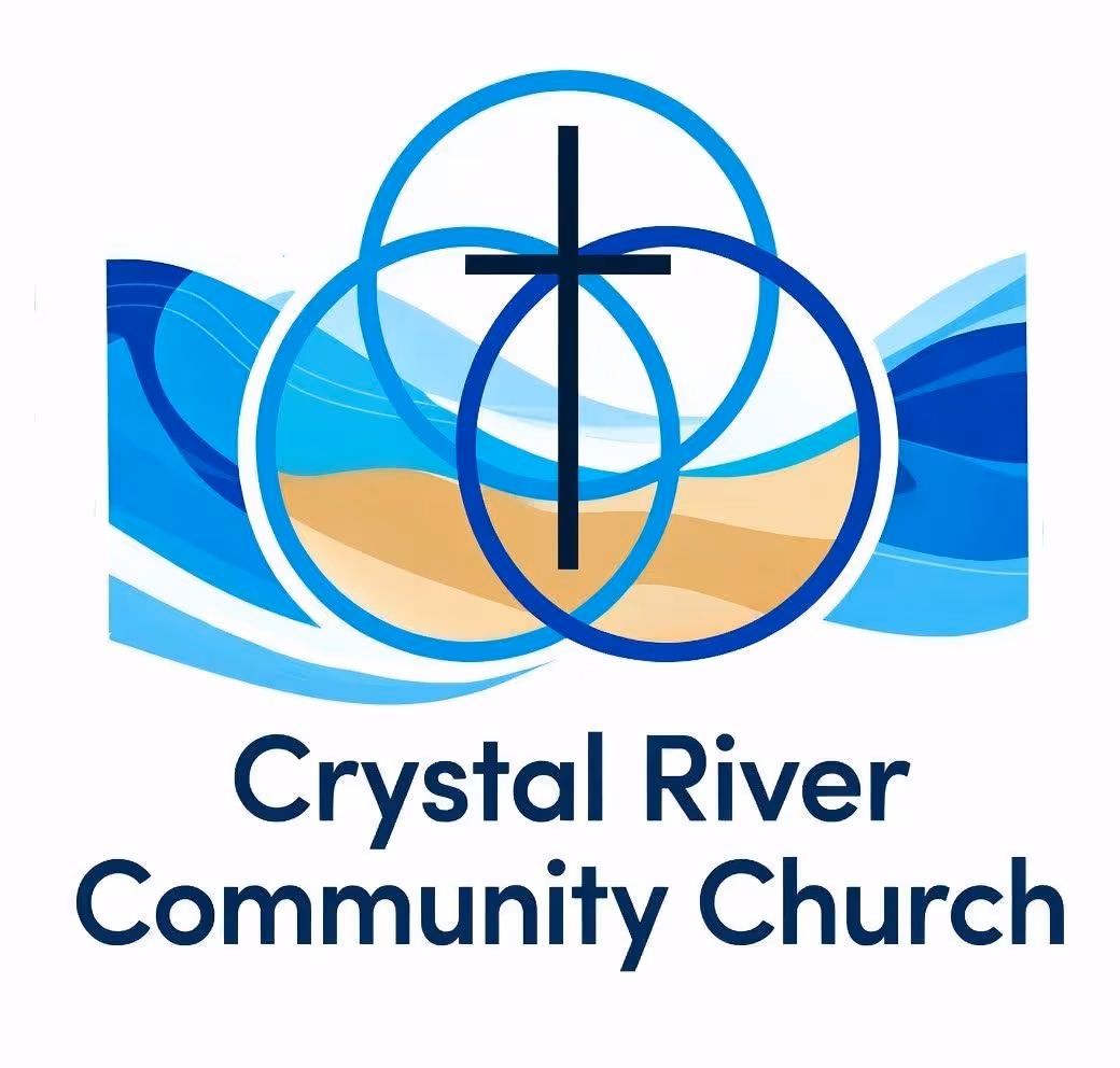 Logo of Crystal River Community Church with three overlapping blue circles, a black cross in the center, and blue waves in the background.