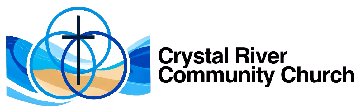 Christian Rock Church logo featuring a cross centered within three overlapping blue rings above stylized blue and sandy waves.