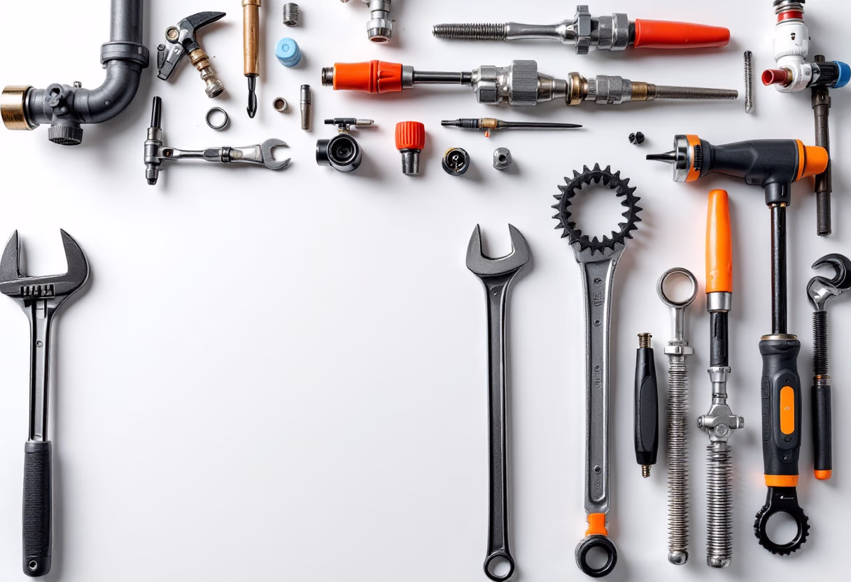 image of tools organized on a workbench for a plumbing service