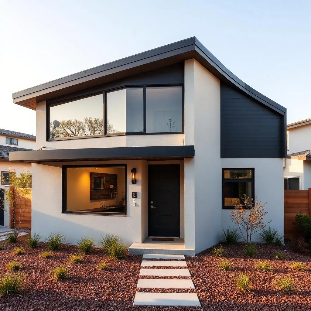 Modern two-story house with large windows, black front door, and minimalist landscaping with gravel and small plants.